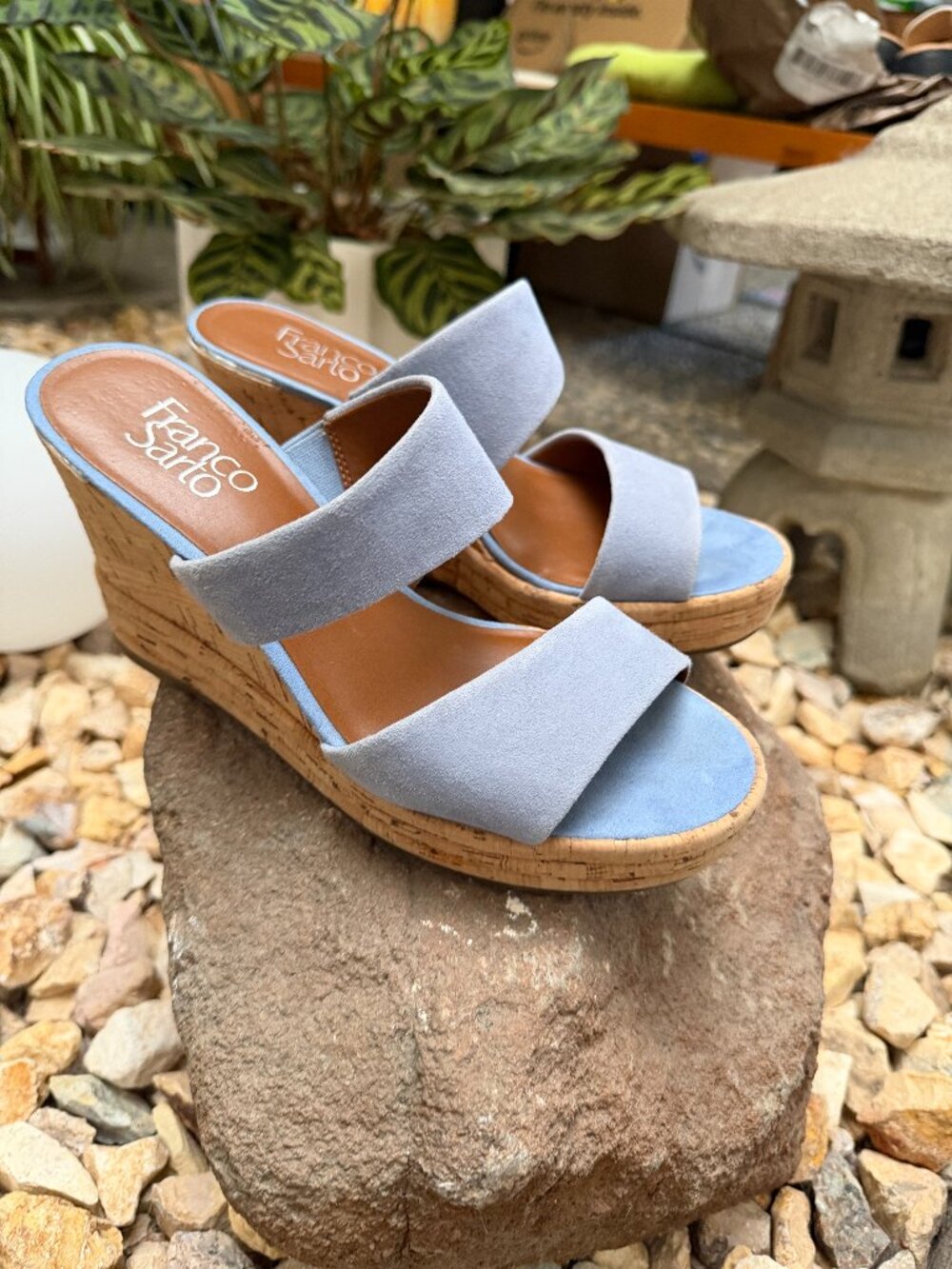 Franco Sarto Light Pale Blue Suede Cork Wedge Sandals - 8